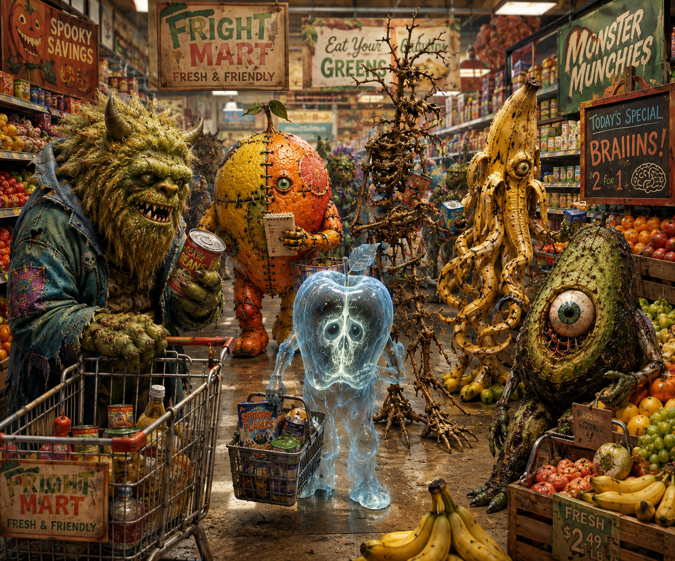 Colorful haunted grocery store scene with diverse monsters shopping for produce.