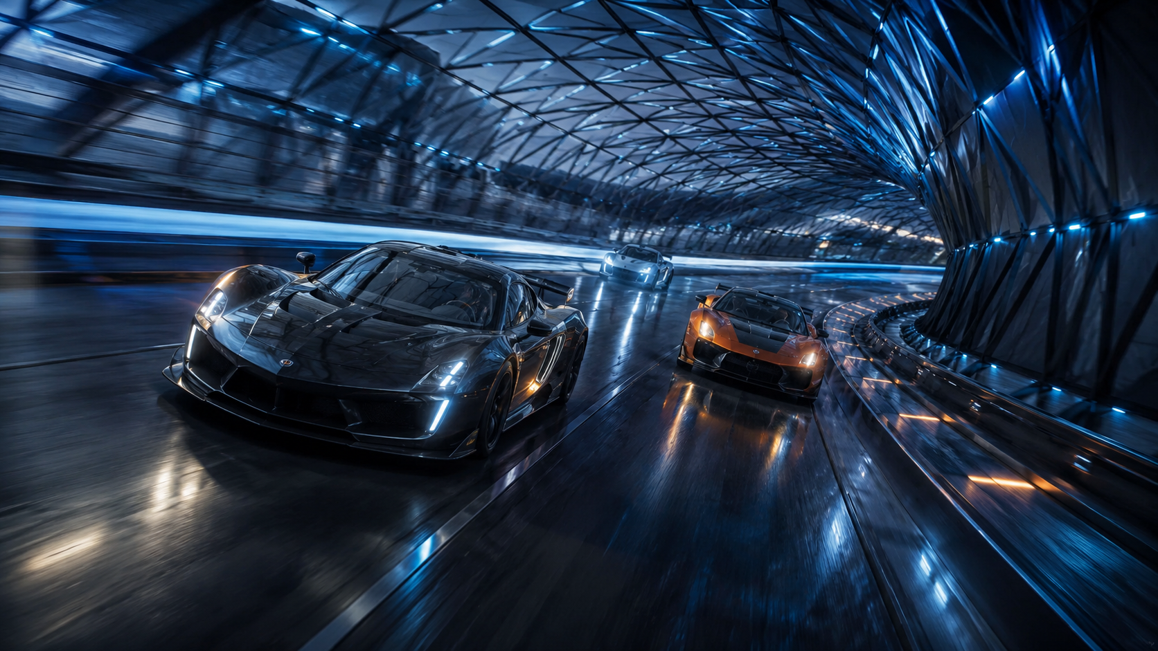 Two high-performance race cars speed through a neon-lit tunnel with blue lighting.
