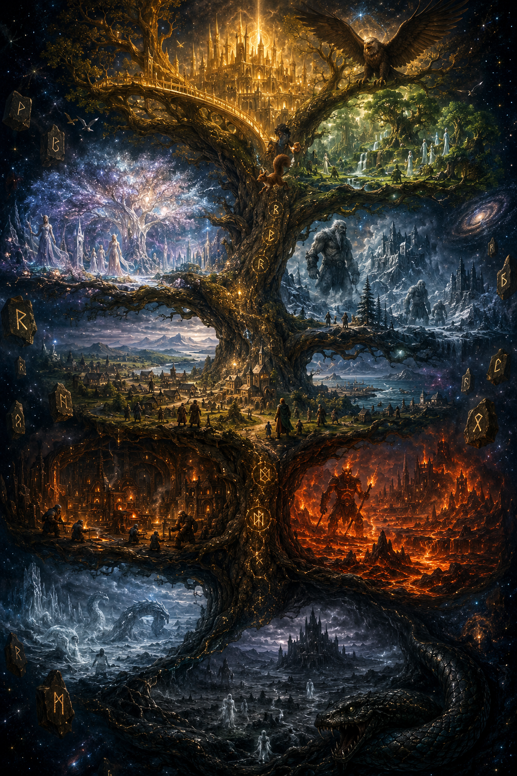 Epic fantasy tree with four realms: golden city, icy blue realm, lush green forest, and fiery lava land.