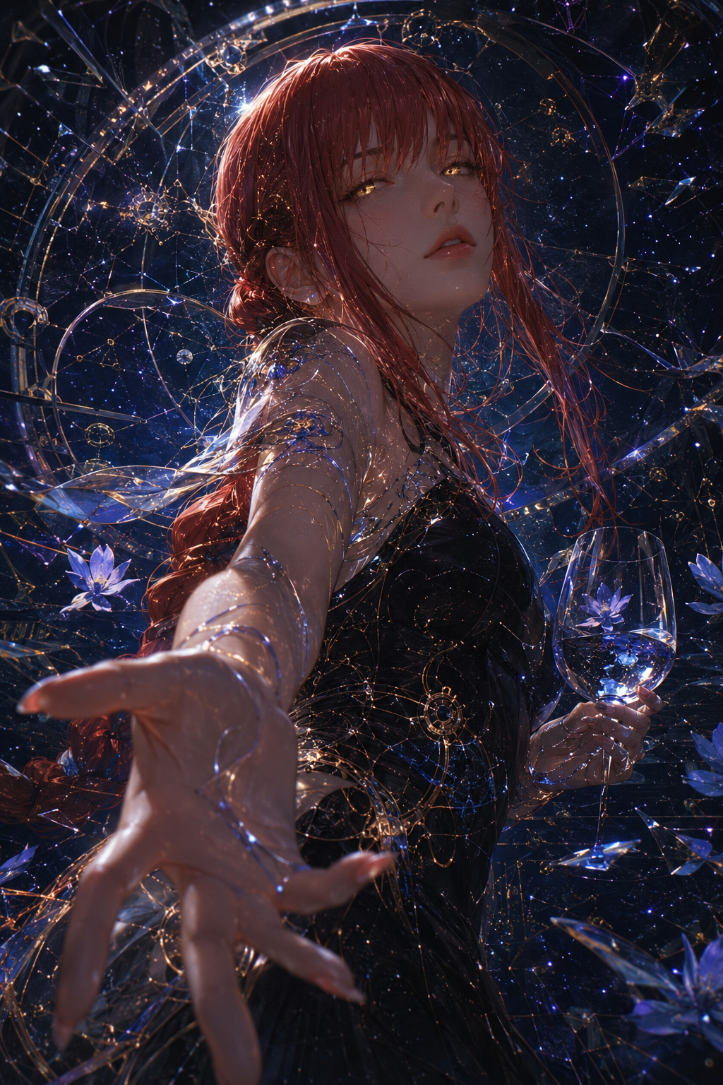 A red-haired woman in a dark, starry cosmic scene reaching out, surrounded by glassy rings and ethereal petals.