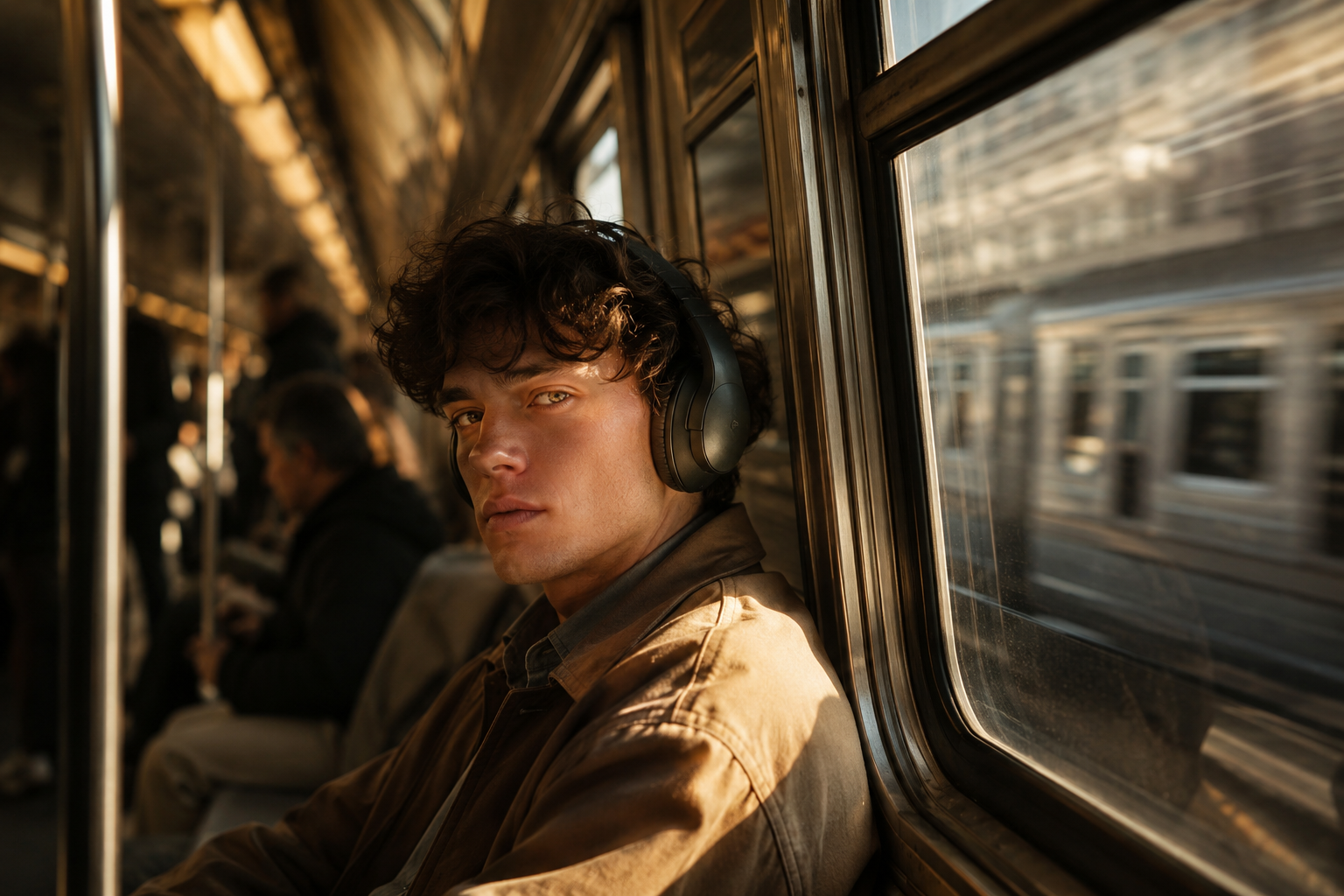 Young man wearing over-ear headphones gazing from a subway car window.