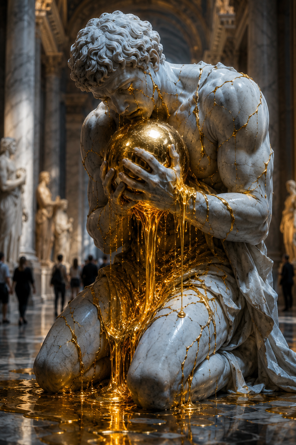Marble statue kneeling and cradling a glowing gold orb with molten gold dripping over its body.