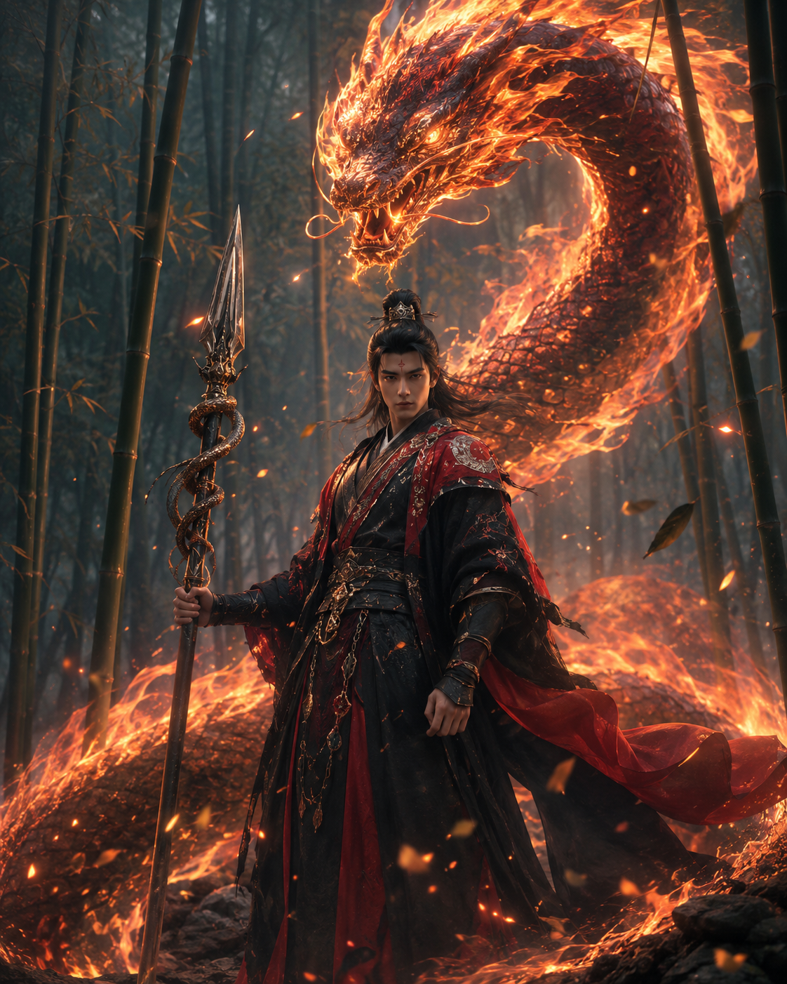 Warrior in red-black robes with a spear in a fiery bamboo forest, a glowing dragon looping behind.