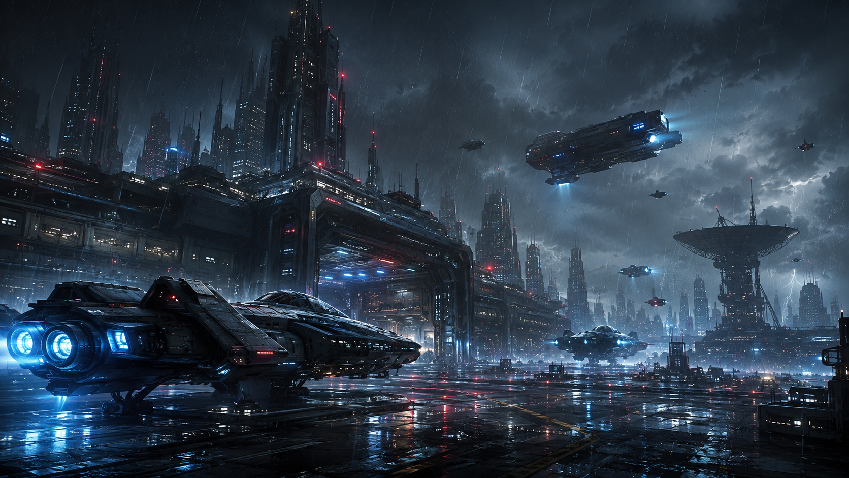 Futuristic sci-fi cityscape at night with neon lights, flying ships and a wet reflective surface.