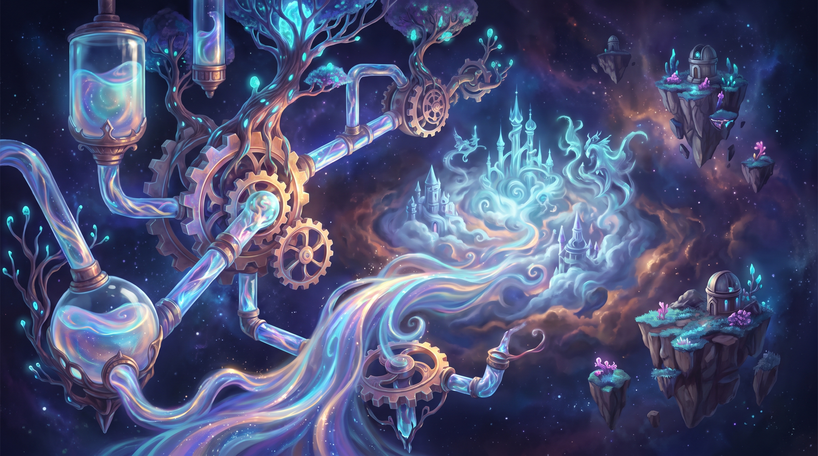 Surreal steampunk fantasy illustration of glowing magical machinery channeling energy to floating sky castles in starry co...