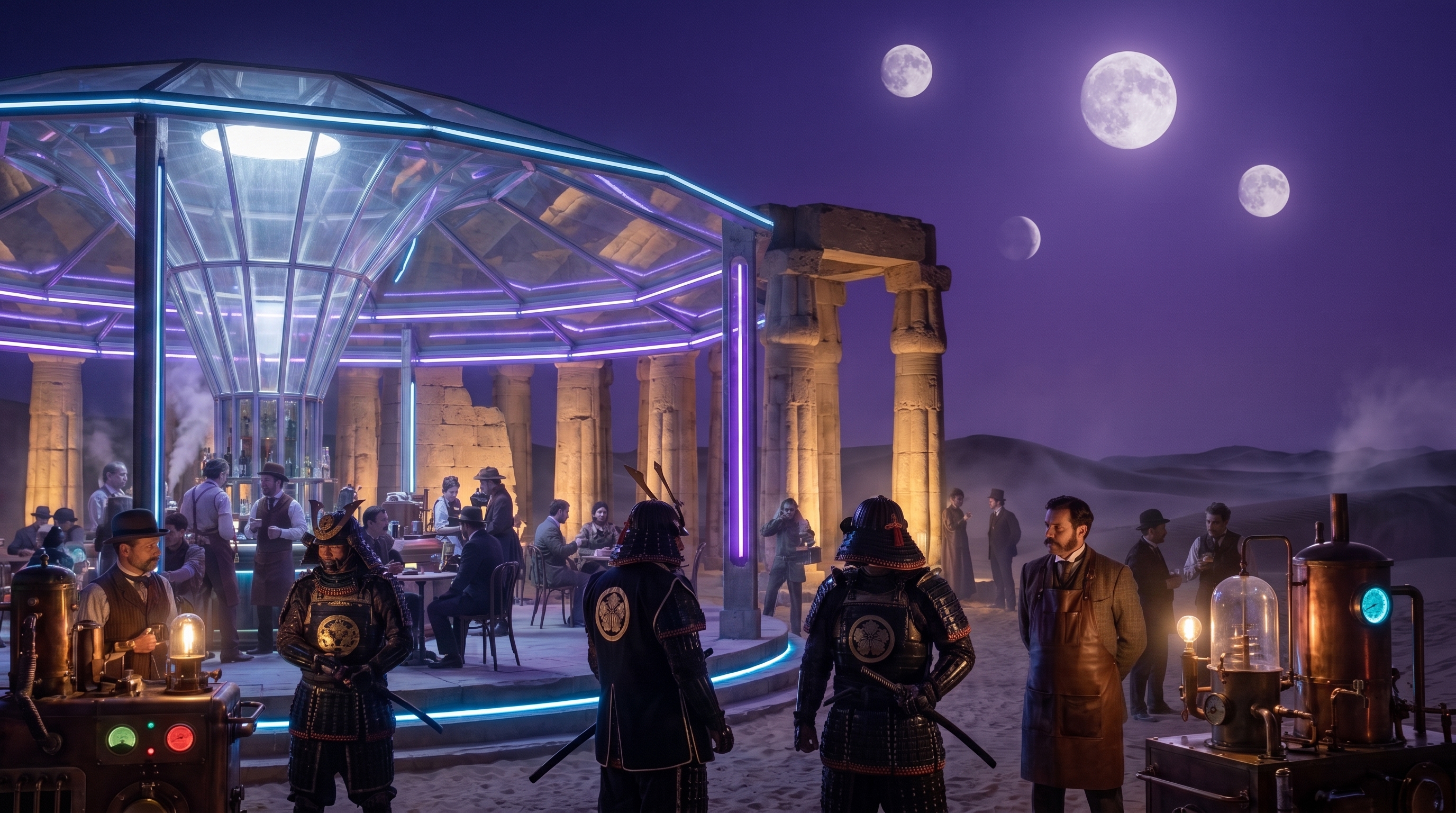Surreal steampunk desert night scene with samurai, neon glass bar pavilion, ancient ruins, multiple full moons in purple sky.