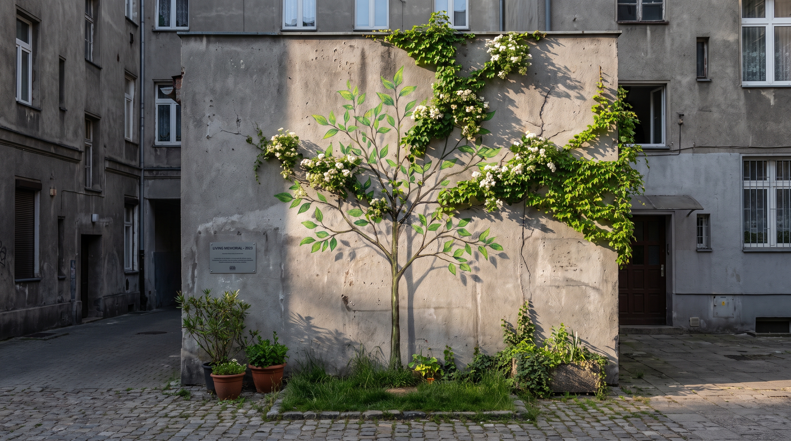 Concrete courtyard wall with painted tree mural perfectly blended with real climbing ivy and potted plants in an urban alley