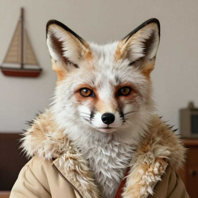 Lifelike fox in a beige fur-trimmed coat indoors, facing camera