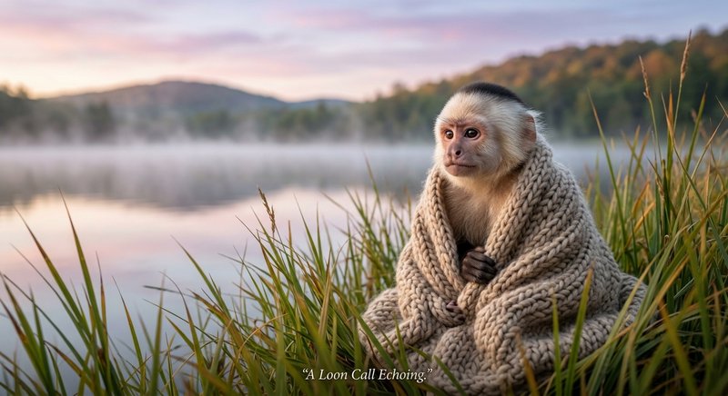 Young macaque wrapped in a chunky knitted blanket beside a misty lake at dawn.