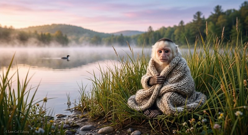 Baby monkey wrapped in a knitted blanket by a misty lakeshore at sunrise.