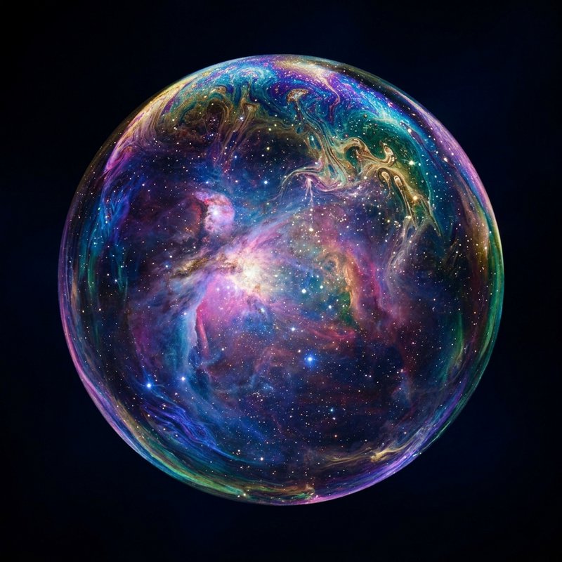 Colorful space-galaxy soap bubble floating against a dark background.