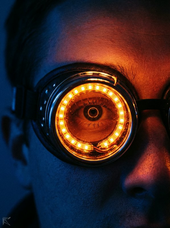 Close-up of a person wearing steampunk goggles with an orange LED ring around the eye.