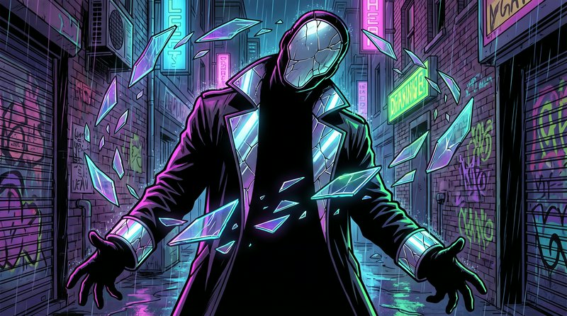 A mysterious figure with a reflective glass helmet stands in a neon-lit alley, surrounded by floating glass shards.