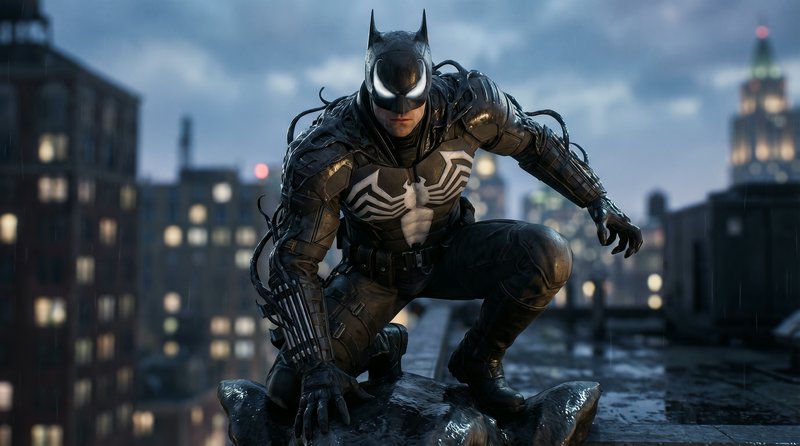Batman crouches on a rain-soaked rooftop with city skyline in the background.