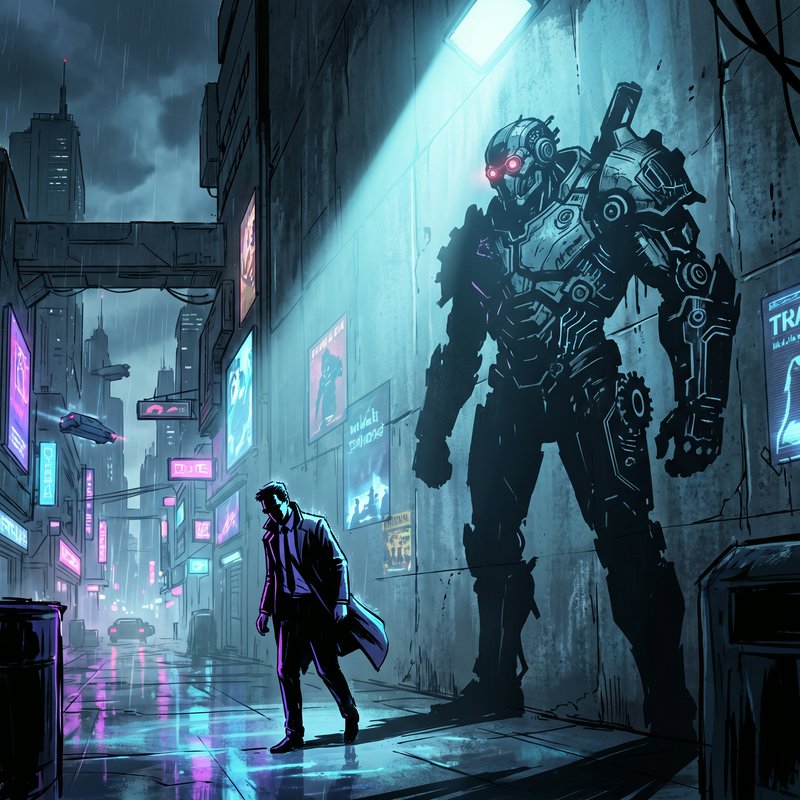 A towering cybernetic robot looms over a rain-soaked neon-lit alley as a trench-coated man walks away.