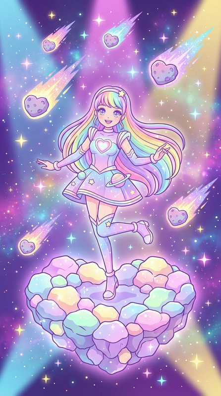 Pastel rainbow-haired girl on a heart-shaped cloud amid shooting stars in a dreamy galaxy