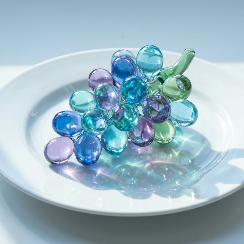 Colorful glass marbles piled on a white plate with a pale blue background.