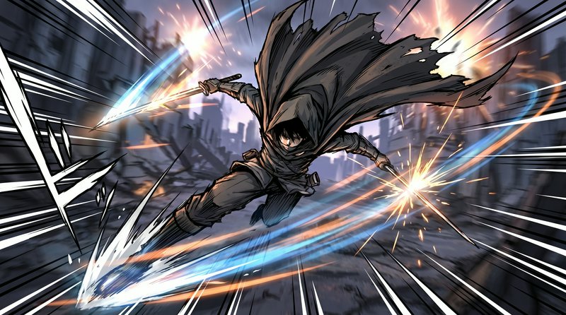 Dynamic ninja in a dark cloak with glowing swords amid energy bursts.