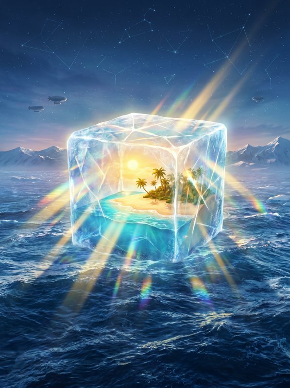 Crystal ice cube floating on the ocean contains a tropical island with palm trees and a sunlit shore.