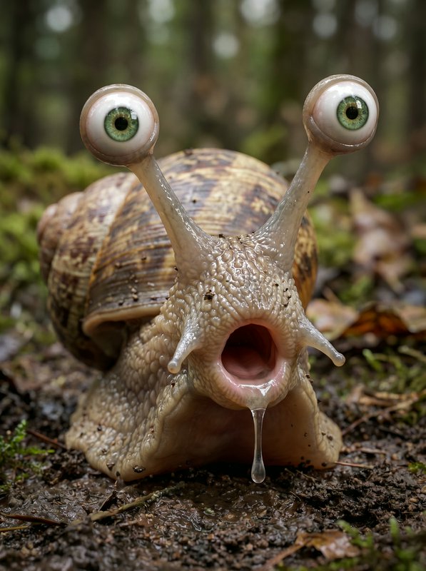 Close-up of a snail with prominent eye stalks, open mouth, and slime on a forest floor