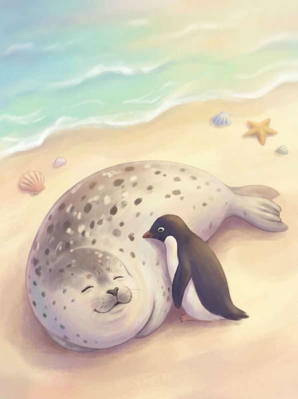 Adorable seal curled up on a sunny beach with a penguin beside it