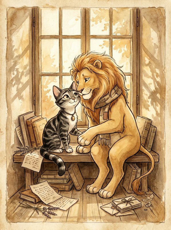 Cozy sepia illustration of a lion and tabby cat sharing a moment on a windowside bench amid books and handwritten letters.