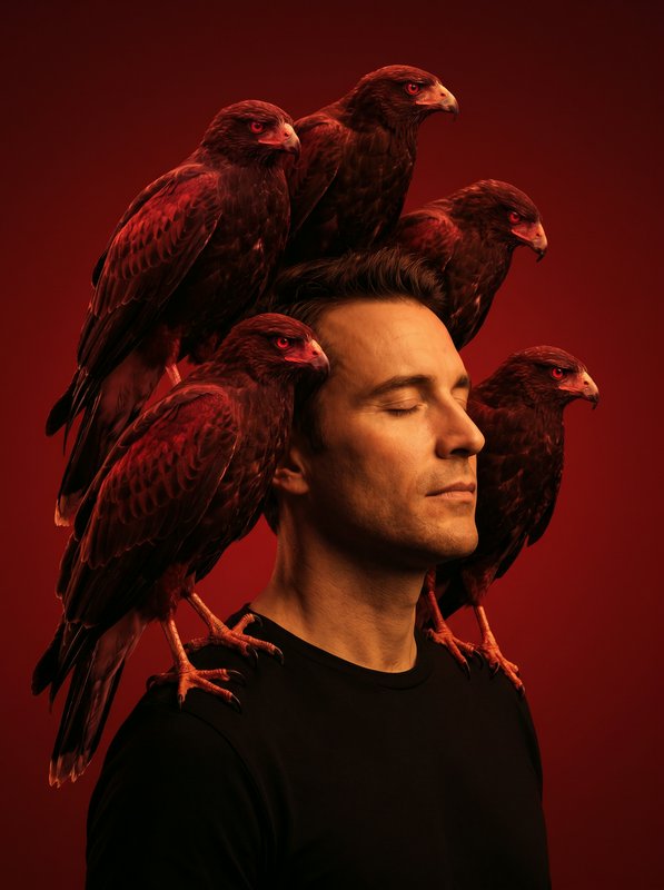 Man with eyes closed wearing a black shirt, surrounded by red birds perched on his head and shoulders.
