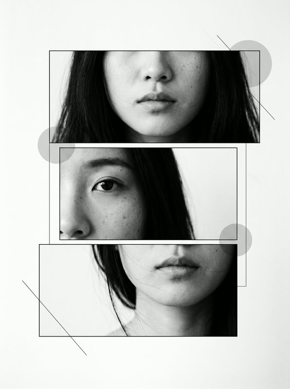 Black-and-white collage portrait of a woman's face split into three framed panels with geometric shapes.