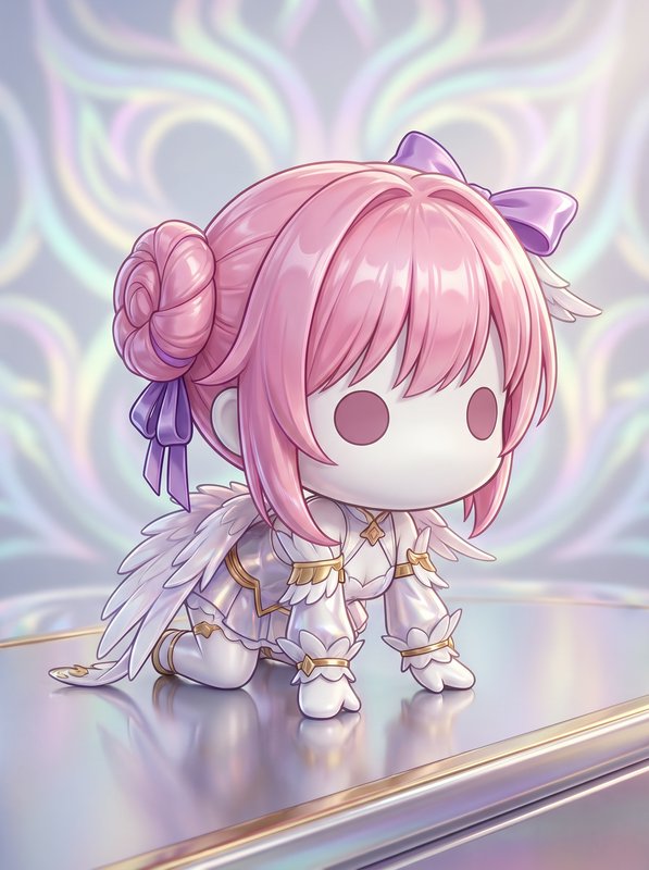 Chibi angelic figure with pink hair, wings, and a white-gold outfit on a reflective stage.