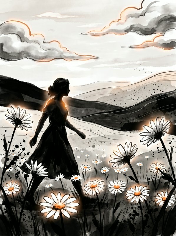 Silhouette of a woman in a field of daisies with distant hills and cloudy sky in a watercolor style.