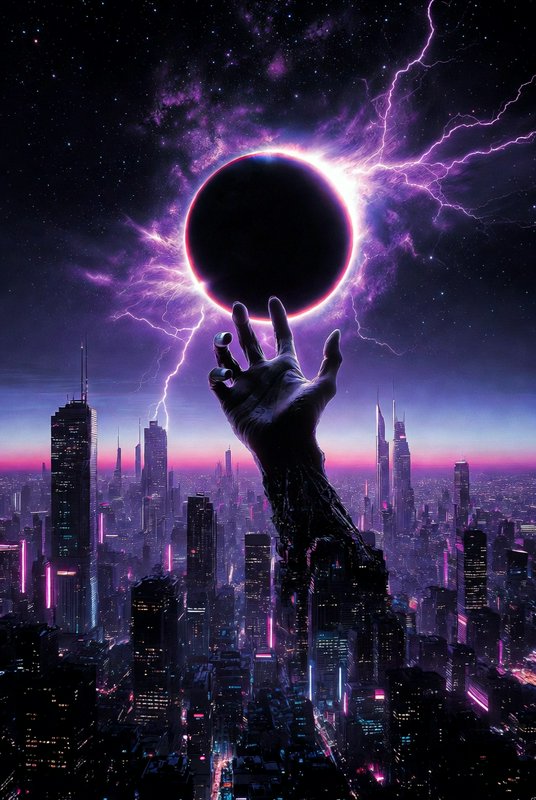 Giant metallic hand rising from a neon-lit city, gripping a dark solar eclipse amid purple lightning.