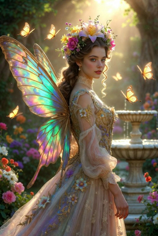 Fairy with iridescent butterfly wings in a floral garden wearing a flower crown.