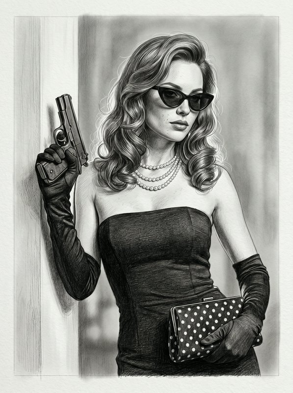 Woman in a strapless black dress wearing gloves, pearls, sunglasses, holding a pistol with a polka-dot clutch in a noir