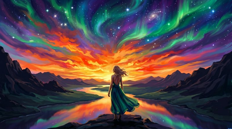Silhouetted woman in a flowing green dress stands on rocky shore as vibrant aurora lights swirl above a sunset sky.