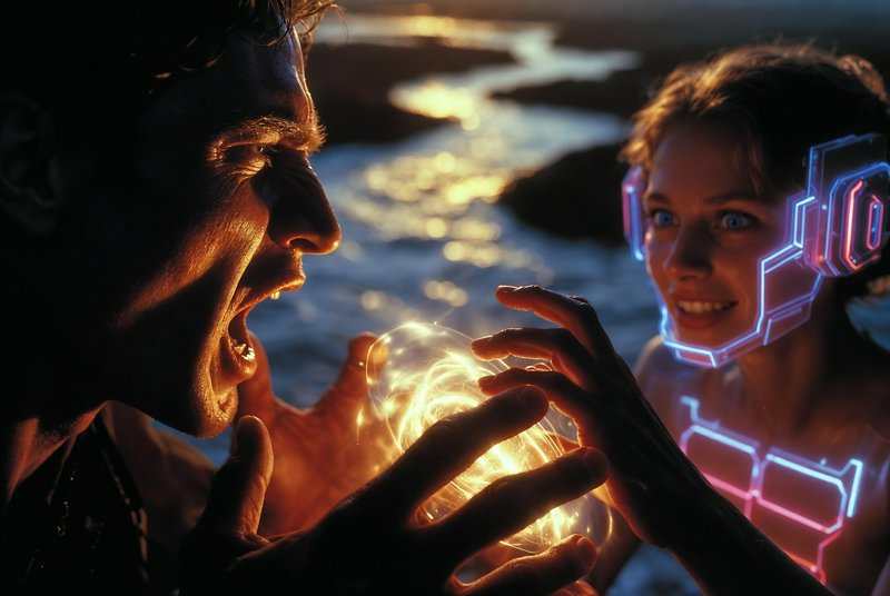 Two people at a seaside sunset interact with a glowing energy orb, one wearing a neon-lit holographic headset.