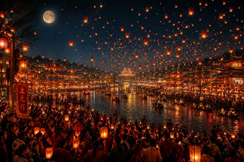 Night scene of a crowded lantern festival over a river with hanging lanterns and illuminated temples.