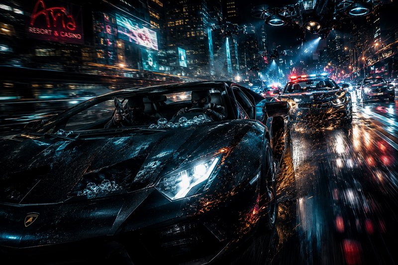 Night scene of a black Lamborghini in neon-lit city rain with a police car in pursuit.