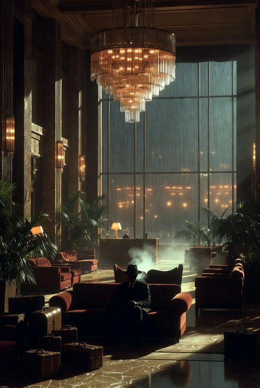 Luxurious hotel lobby with a grand crystal chandelier, rain-soaked windows, and a silhouette on a red sofa.