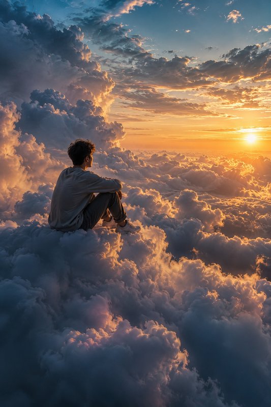 Person sitting on fluffy clouds at sunset above the horizon