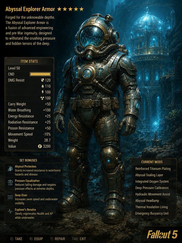 A full-body Abyssal Explorer Armor suit in a submerged, illuminated underwater city scene.