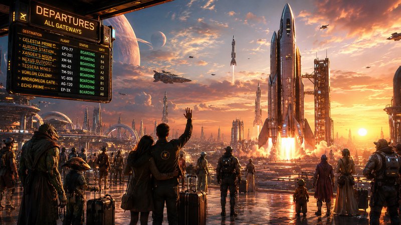 Futuristic spaceport at sunset with towering rockets, glass skyscrapers, and travelers with luggage waving goodbye.