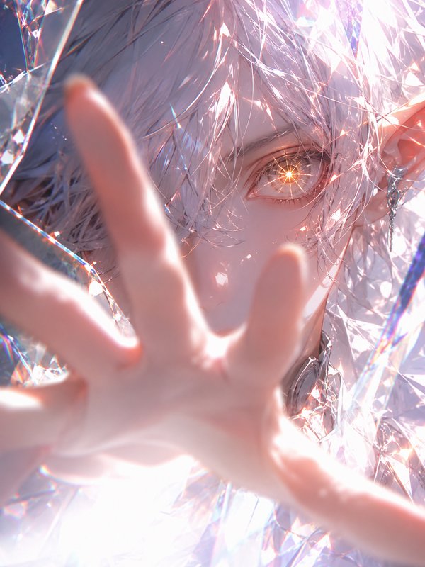 Close-up of an anime-inspired figure with silver hair and a glowing orange eye reaching forward through crystal prisms.