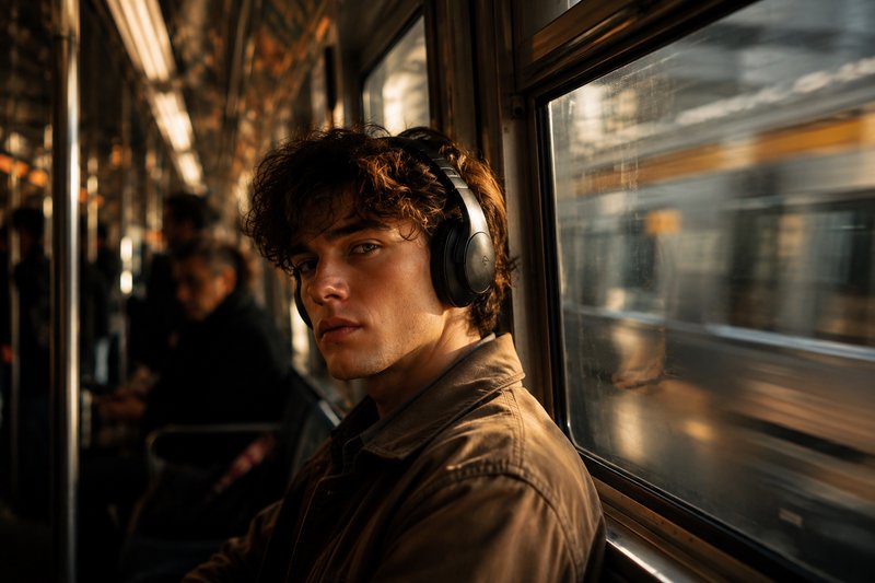 Young man wearing over-ear headphones on a bus, looking at the camera with warm window light.