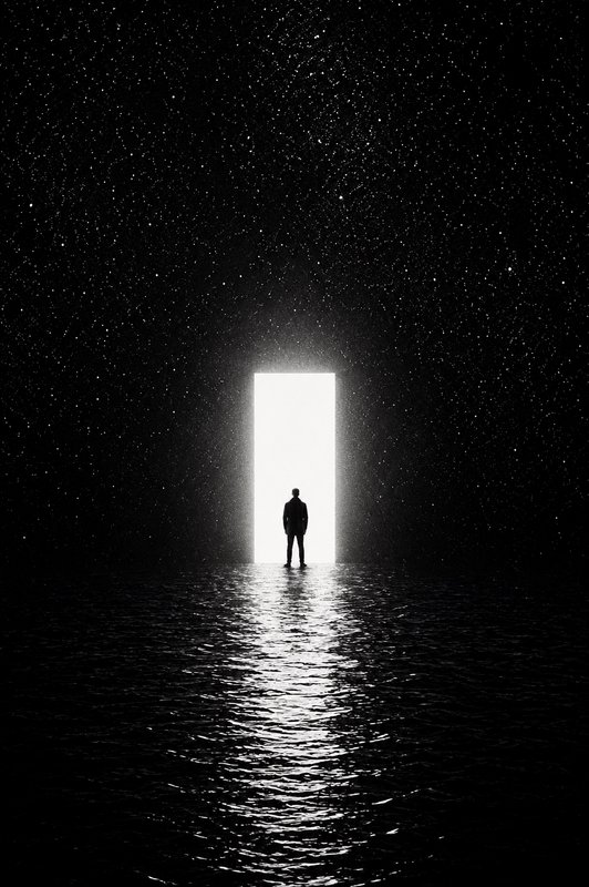 A silhouette of a person standing before a glowing rectangular doorway in a dark starry scene over water