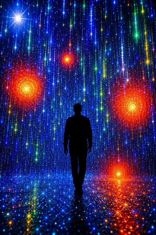 Silhouette of a person walking through a vibrant, neon starfield corridor with colorful light beams.