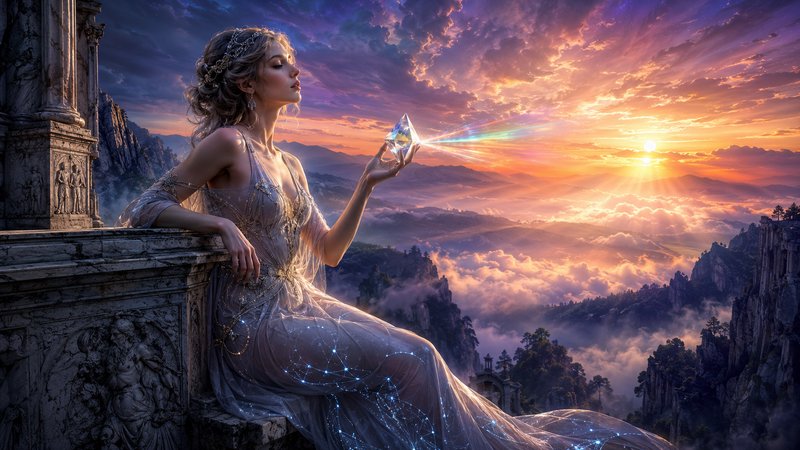 Fantasy portrait of a woman in an ethereal gown on a stone balcony, holding a glowing crystal at sunset amid misty mountains.