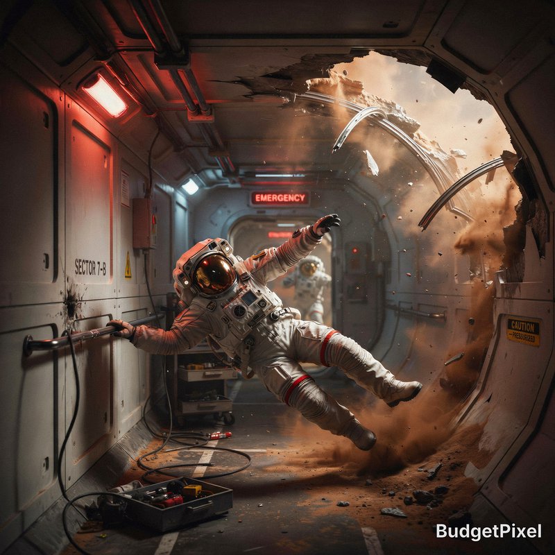 An ultra-intense cinematic shot of a catastrophic habitat breach on Mars. Shards of the pressurized dome are exploding outward into a violent red dust storm. An astronaut inside is being pulled toward the breach, reaching desperately for a handrail. Red emergency strobe lights flash, illuminating thick smoke and swirling debris. High-contrast, raw desperation, 8K masterpiece.