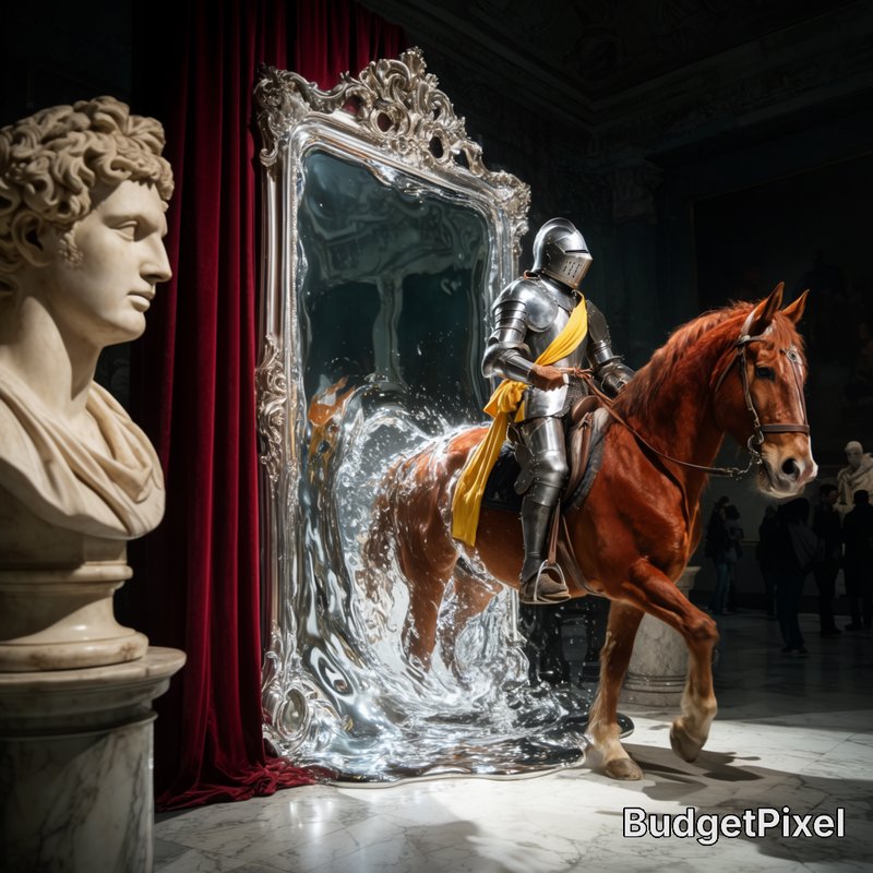 A surreal and extraordinary museum exhibit where a grand, ornate silver mirror has turned into a liquid portal. A knight in shimmering plate armor, riding a magnificent horse, is literally stepping out of the mirror's surface onto the museum's marble floor. The silver liquid is splashing and rippling, reflecting the dark museum hall and high-contrast shadows. Hyper-detailed textures, sense of epic wonder.