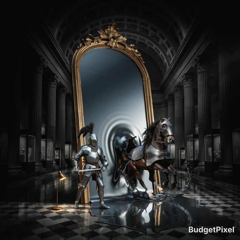A surreal and extraordinary museum exhibit where a grand, ornate silver mirror has turned into a liquid portal. A knight in shimmering plate armor, riding a magnificent horse, is literally stepping out of the mirror's surface onto the museum's marble floor. The silver liquid is splashing and rippling, reflecting the dark museum hall and high-contrast shadows. Hyper-detailed textures, sense of epic wonder.