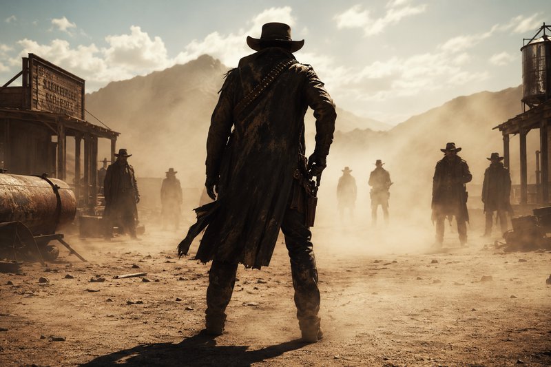 Lone gunslinger faces a gang of outlaws in a tense dusty old west town showdown, sunlit hazy moun...